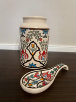 ~ Ceramic Kitchen Utensil Caddy Holder Vase w/ Matching Spoon Rest Flower Art Deco Design