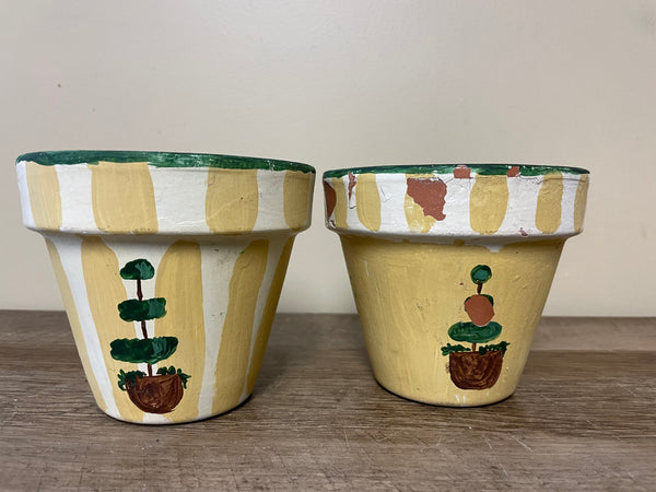 <€€ Pair Set/2 Painted Topiary Terra Cotta PLANTERS Chippy