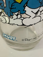 a** Vintage Pair/Set of 2 1980s Smurf Glass Tumblers Clumsy Smurfette Wallace Peyo Berrie & Co