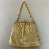 € Vintage Metallic Gold Evening Bag Clasp Purse w/Chain Lined