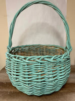 <€€ XLarge Round Wood Woven Gathering Basket w/ Handle Green Easter