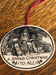 a** Vintage Oval “A Joyous Christmas To All” Christmas Holiday Ceramic Ornament Girl Under Tree Presents Toys
