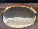 a* Vintage Solid BRASS OVAL Etched SERVING Vanity TRAY 13” X 9.25” Asian Girl, Sun, Birds