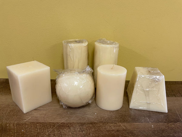 a** NEW Lot/6 Unscented Handcrafted Pillar CANDLES Ivory in 4 Styles & Shapes Volcanica