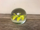 a** Yellow Floral Viola Clear Glass Paperweight 2”  Round