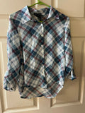 *NEW Women ABOUT A GIRL Long Sleeve Blue Plaid Blouse Small Sheer Hi Low
