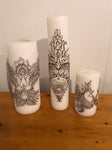 a** NEW Unscented Handcrafted Pillar CANDLES White Lovebird Henna Design in Brown Pillar Volcanica Set/3 4172