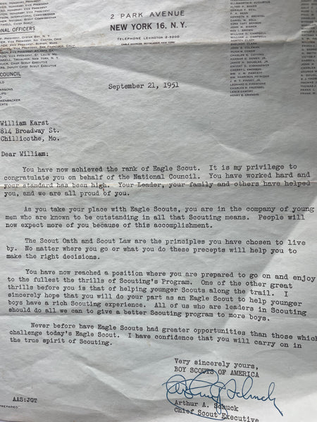 €* Vintage 1951 Boy Scouts of America Eagle Scout Letter of Achievement New York Headquarters