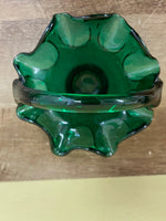 a** Vintage Green Depression Glass Basket Candy Bowl Dish Ruffled Rim Textured Exterior