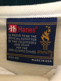 a* Vintage OLYMPICS 1996 Atlanta Volunteer Polo Short Sleeve Small 34-36 Green & Blue Design Hanes