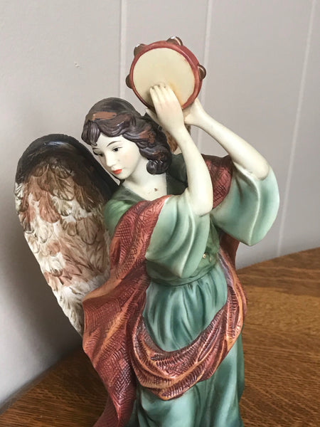 a** ANGEL Playing Tambourine Holiday Christmas 11” Figurine Ceramic Painted