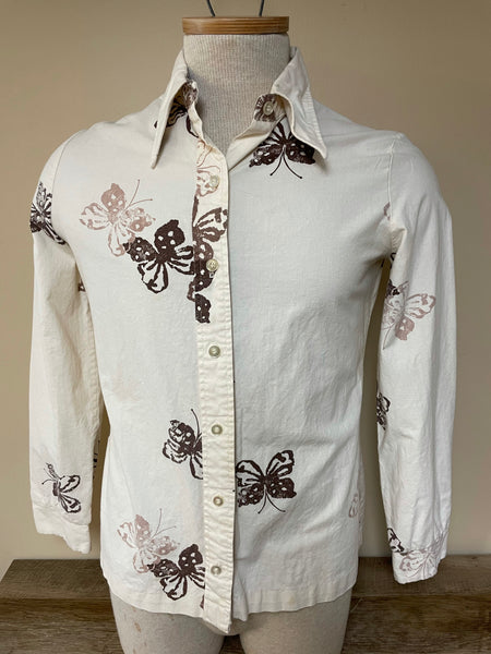 ~ Vintage Womens Juniors Sz 13-14 Cotton Long Sleeve Button Down Top Ivory/Brown Butterfly