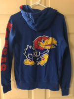 Womens Small KANSAS University JAYHAWKS Hooded Sweatshirt Blue Bedazzled