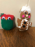 a** Vintage Yarn Christmas Holiday Ornaments Set/2 Gingerbread Man and Owl