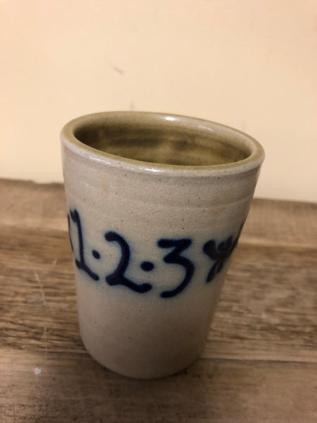 *Vintage Pottery Gray with Cobalt Blue Salt Glaze 4” Cup Mug 1985 ABC 123