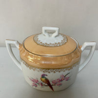 ~€ Vintage PK UNITY Creamer and Sugar Bowl w/ Lid Birds Flowers Gold  Lusterware