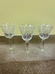 *Vintage Set/3 Clear Etched Cordials Crystal Wine Goblet Barware Glasses 4.25” Starburst