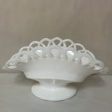 a** Vintage Milk Glass Nut Candy Mint Bowl Dish White Pedestal Banana Lace Edge 9” L