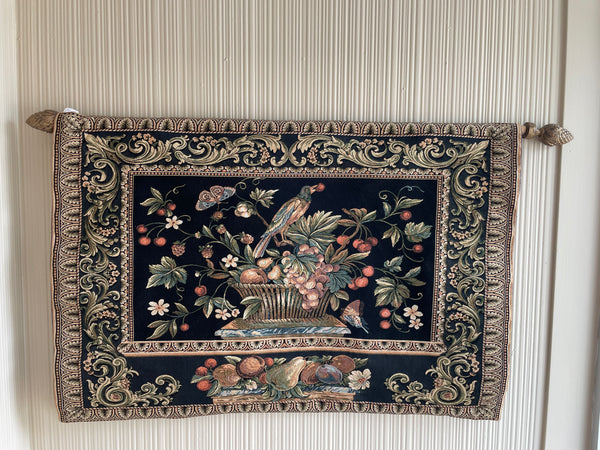 Wall Hanging Tapestry Black & Gold Bird on Fruit Basket Ornate Gold Rod/Finials Lined