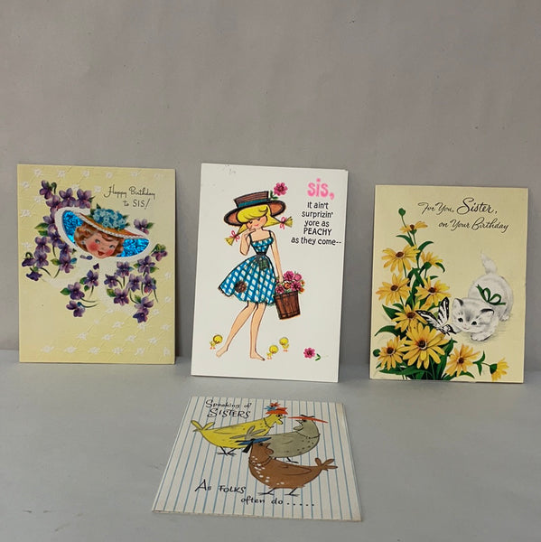 a* Vintage (1950-1960) Lot/4 Used Sister Sis Birthday Greeting Cards Crafts Scrapbooking