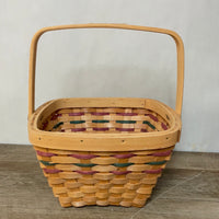 <€€ Shaker Square Medium Wood Woven Gathering Basket w/ Swivel Handle Green/Red Easter