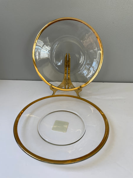 a** Pair/Set/2 8” Glass Hostess Luncheon Dessert Plates Gold Rim Christmas Holiday