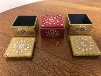 ^ Trio Set of Three Christmas Holiday Gold Red Mirrored Keepsake Lidded Trinket Box