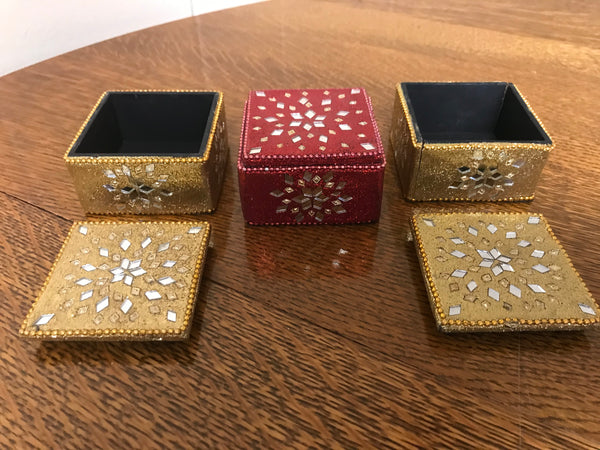 a** Trio Set of Three Christmas Holiday Gold Red Mirrored Keepsake Lidded Trinket Box