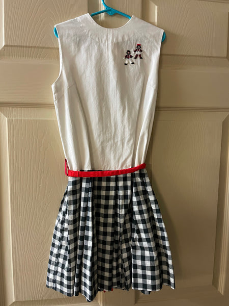 Vintage Girls Sz 10 Sleeveless White Black Plaid Dress Raggedy Ann/Andy Appliqués