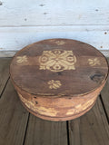 <€€ Vintage 15" Wood Round Cheese Box Stenciled  Top Fabric Lined