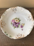 €€ Vintage China Bavarian 9” Purple Violets Pink Yellow Roses Porcelain Bowl Retired