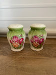 a** Vintage Porcelain Salt and Pepper Shakers Green with Roses 4.25” H x 2.25” Diameter