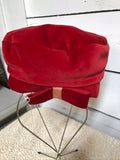 a** Vintage Womens Red Velvet Hat with Bow 7” Band
