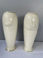 <€€ Vintage Pair/Set of 2 Lenox Rose Blossom Floral 7.5" Vases Ivory Bone China 24K Gold Accents