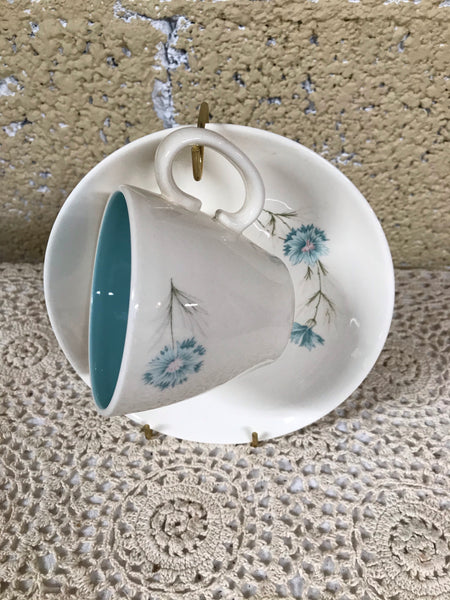 ^ Vintage Aqua Cornflower Tea Cup and Saucer (chipped)
