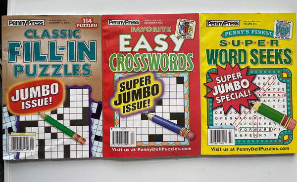NEW Set/3 PennyPress Easy Crosswords &  Word Seeks Puzzles Jumbo Issue 2022 & 2023