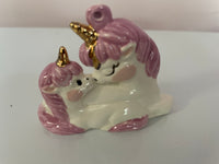 € Set of 3 Vintage Whimsical Ceramic Ornaments Pink Unicorns Gold Gilt