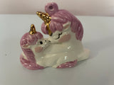 <€€ Set of 3 Vintage Whimsical Ceramic Ornaments Pink Unicorns Gold Gilt