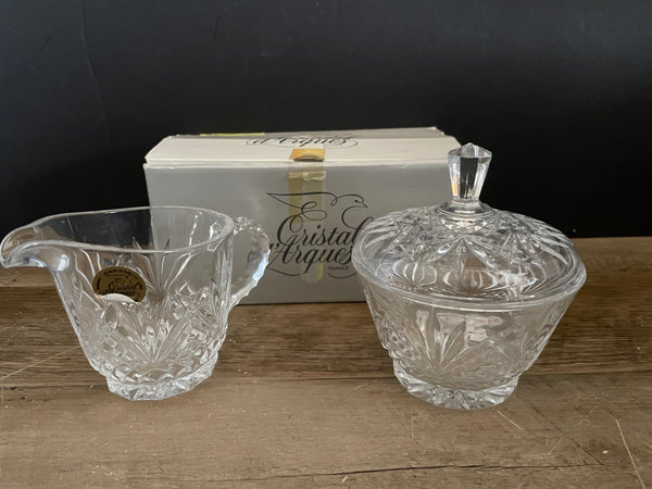 Vintage Crystal Cristal d’Argues Creamer and Sugar Bowl with Lid Set France with Box