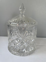 (L) €€~ Vintage Heavy Crystal Canister Candy Cookie Biscuit Jar with Lid Diamond Glass Cut Decor