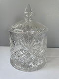 €€~ Vintage Heavy Crystal Canister Candy Cookie Biscuit Jar with Lid Diamond Glass Cut Decor