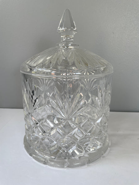 ~€ Vintage Heavy Crystal Canister Candy Cookie Biscuit Jar with Lid Diamond Glass Cut Decor