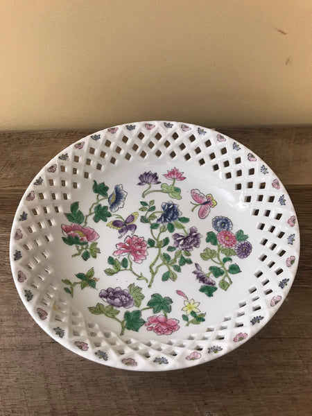 *Vintage Macau Japanese Hand Painted China Porcelain Lace Edge Flowers Butterfly 9” Serving Bowl
