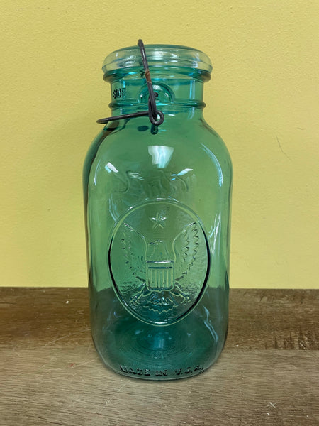 ~€ Vintage Ball Ideal Blue Bicentennial Mason Jar w/Glass Lid & Wired Bail (A8-77)