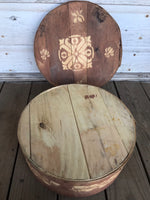 <€€ Vintage 15" Wood Round Cheese Box Stenciled  Top Fabric Lined