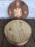 <€€ Vintage 15" Wood Round Cheese Box Stenciled  Top Fabric Lined