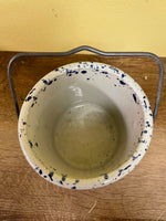 Blue Splatterware/Spongeware 4” H x 4” Diameter Crock Pottery Wire Handle