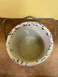 ~€ Blue Splatterware/Spongeware 4” H x 4” Diameter Crock Pottery Wire Handle