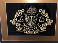 <€€ Ornate Family Crest Gold Framed Art MBIGI Gold Thread on Black Crown Sword Coat of Arms