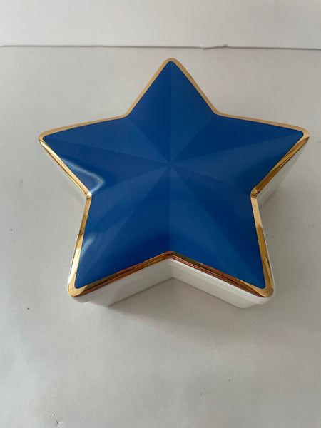 <€€ Vintage Tiffany & Co Star Porcelain Trinket Box Dish 24K Gold Trim 4.25" Cobalt Blue Porcelain